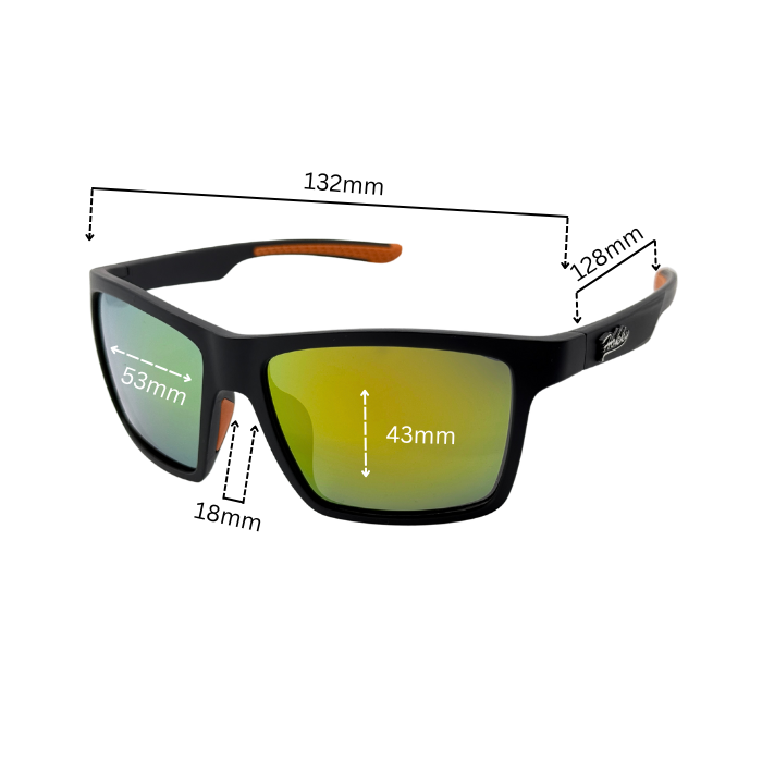 Black sports sunglasses with dimensions.
