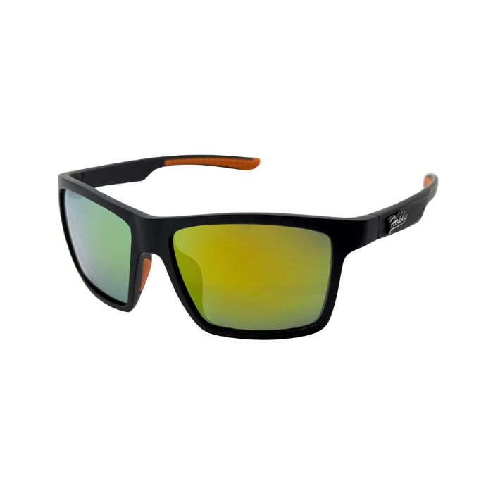 Back sports sunglasses with yellow mirrored polarised lenses – UV protection eyewear.