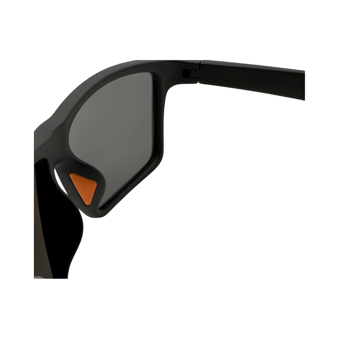 Black sports sunglasses with orange nosepad.