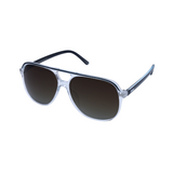 A pair of 'Zenith' sunglasses with a sleek design, featuring a clear frame and dark lenses, is best for riding.