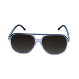 A pair of 'Zenith' sunglasses with a sleek design, featuring a clear frame and anti glare dark lenses, is best for boating