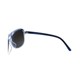 Hinges of 'Zenith' sunglasses with a sleek design, featuring a clear frame and dark lenses, is best for driving.