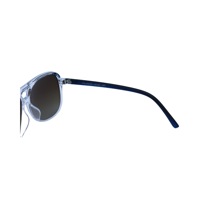 Hinges of 'Zenith' sunglasses with a sleek design, featuring a clear frame and dark lenses, is best for driving.