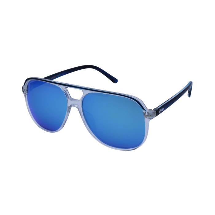 A pair of 'Zenith' sunglasses with a sleek design, featuring a clear frame and light blue lenses, is best for fishing.