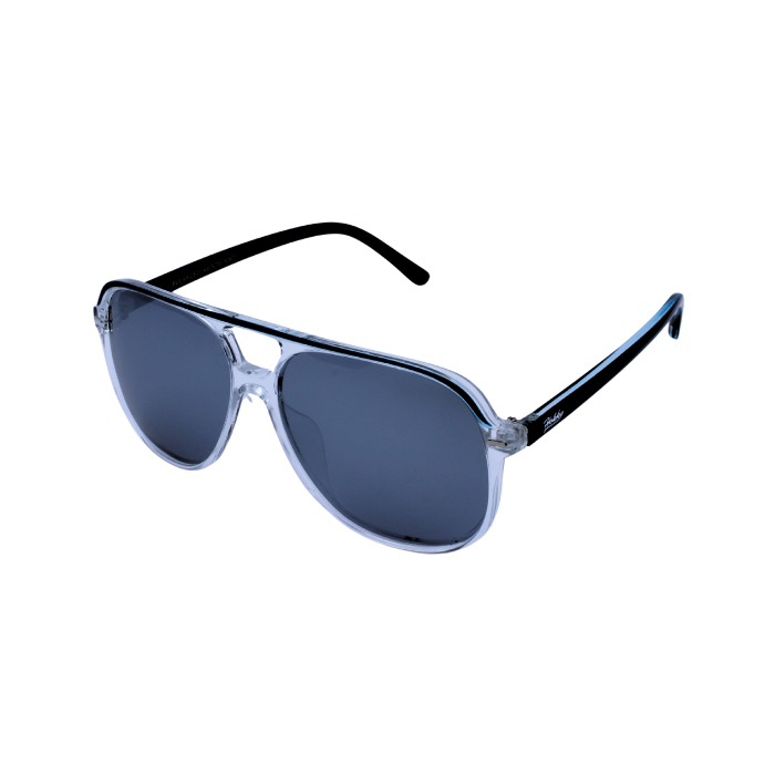 A pair of 'Zenith' sunglasses with a sleek design, featuring a clear frame and dark lenses, is best for driving.