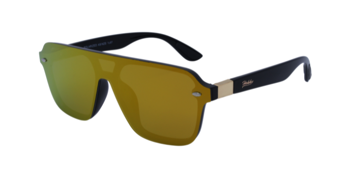 A pair of 'Amalfi' sunglasses featuring a black frame with gold accents and dark anti glare lenses.