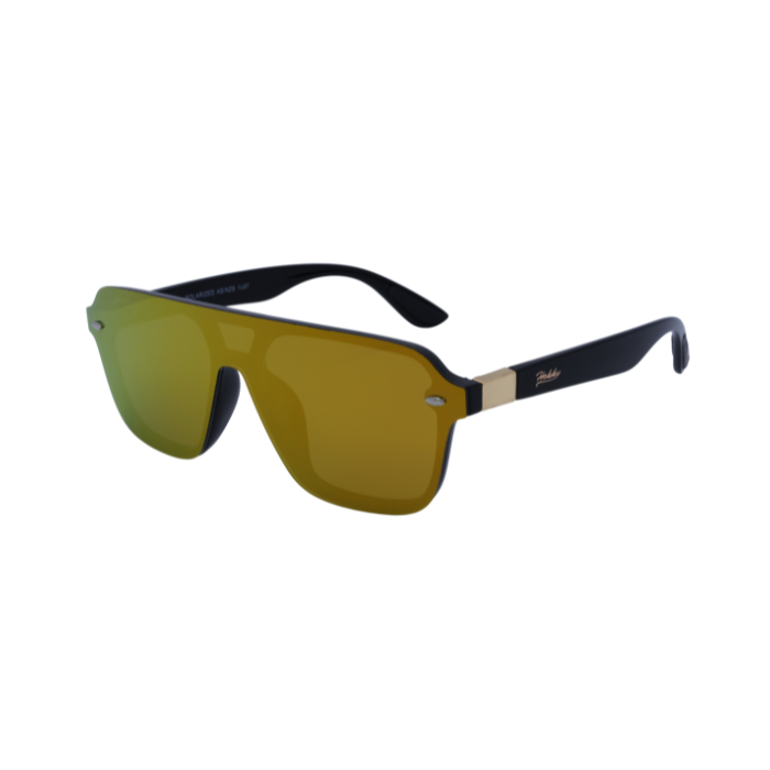 A pair of 'Amalfi' sunglasses featuring a black frame with gold accents and dark anti glare lenses.