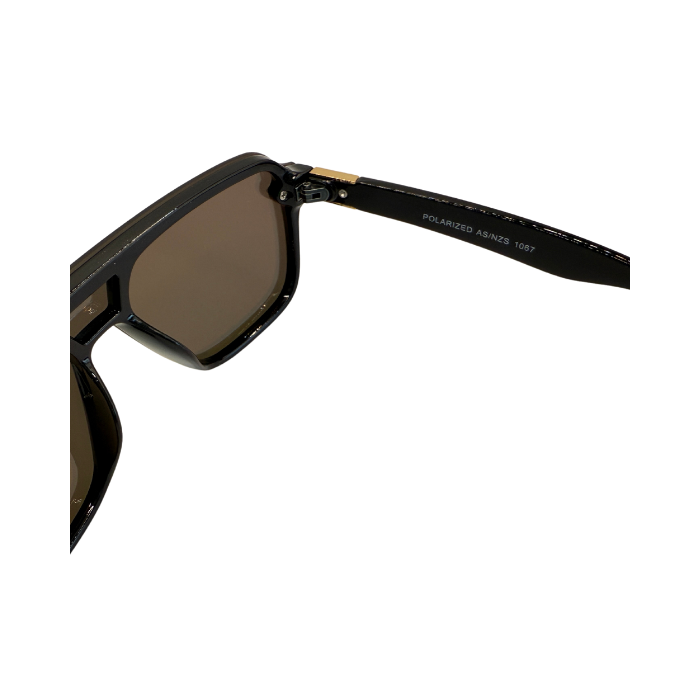 Hinges of 'Amalfi' sunglasses featuring a black frame with gold accents and dark lenses.