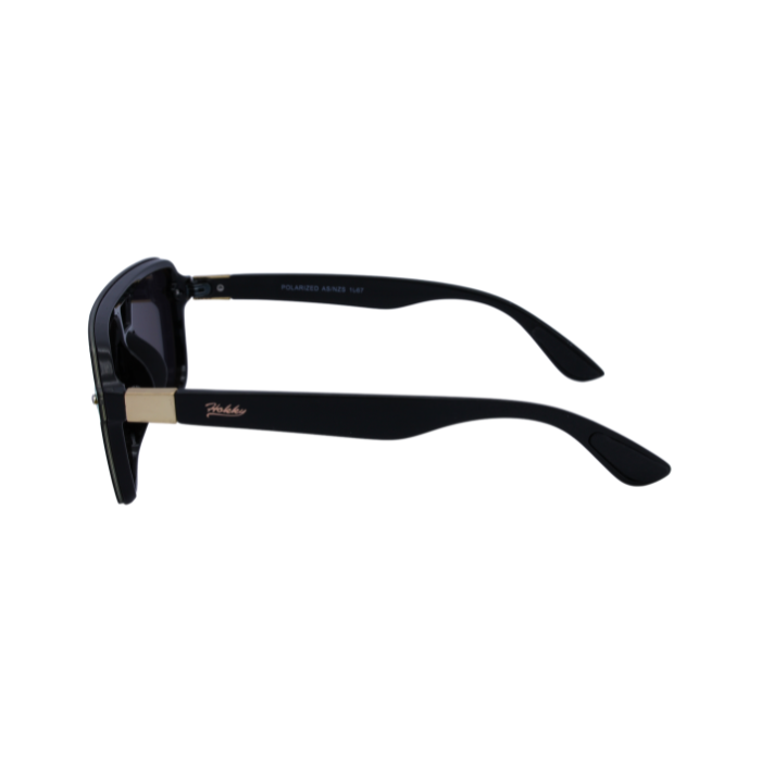 Side View of 'Amalfi' sunglasses featuring a black frame with gold accents and dark lenses.