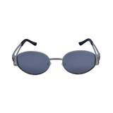 Front View of 'Regina' women's sunglasses with a silver metal frame and blue polarized lenses.