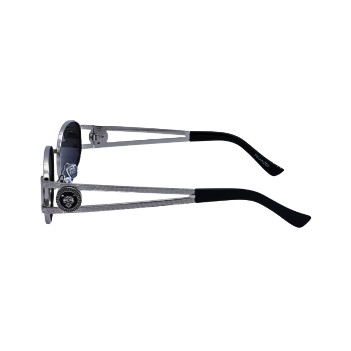 Side View of 'Regina' women's sunglasses with a silver metal frame and blue polarized lenses.