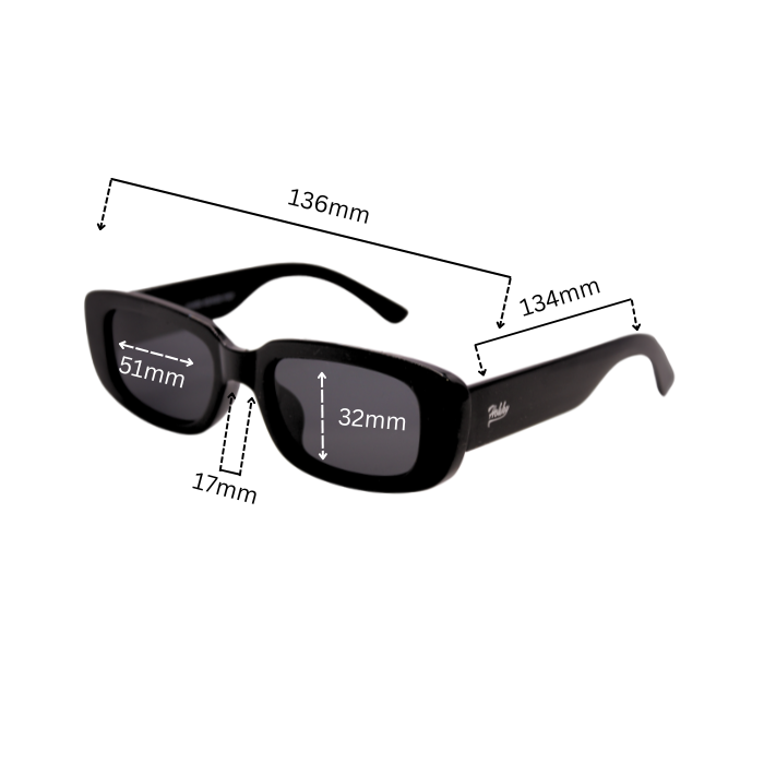 Dimension of Velvet Hokky Soleil sunglasses with rectangular frames and polarized lenses.