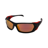 A pair of 'Edge' unisex sunglasses with black frame and red accents, and polarized orange lenses.