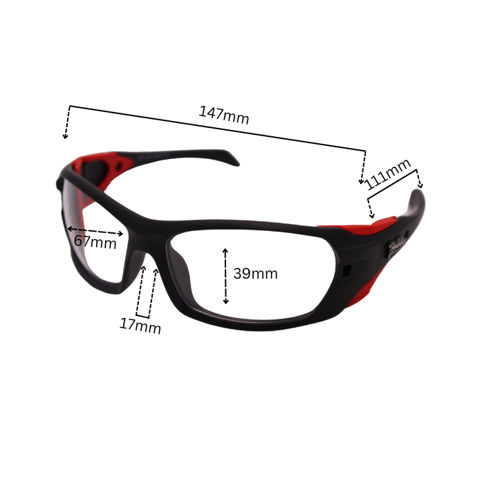 Dimnsion of 'Edge' unisex sunglasses with black frame and red accents, and polarized lenses.