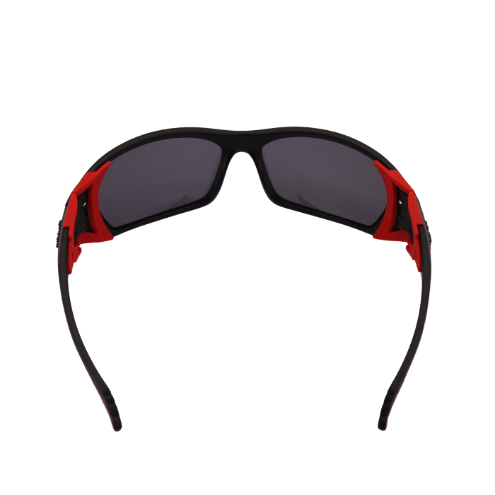 Back View of 'Edge' unisex sunglasses with black frame and red accents, and polarized grey lenses.