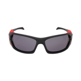 Front View of 'Edge' unisex sunglasses with black frame and red accents, and polarized grey uv protected lenses.