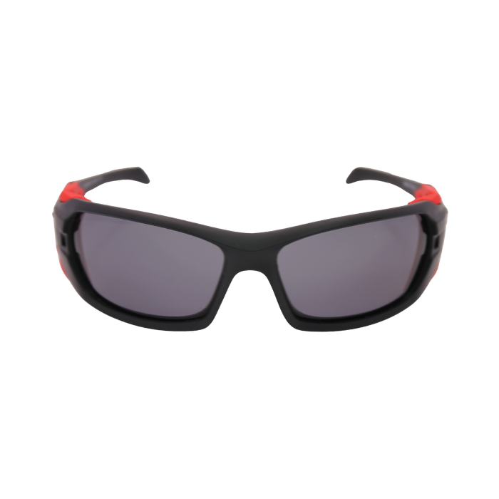 Front View of 'Edge' unisex sunglasses with black frame and red accents, and polarized grey uv protected lenses.