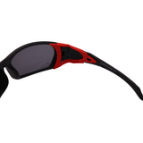 Hinges of 'Edge' unisex sunglasses with black frame and red accents, and polarized grey lenses.