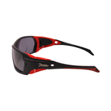 Side View of Hokky 'Edge' unisex sunglasses with black frame and red accents, and polarized grey lenses.