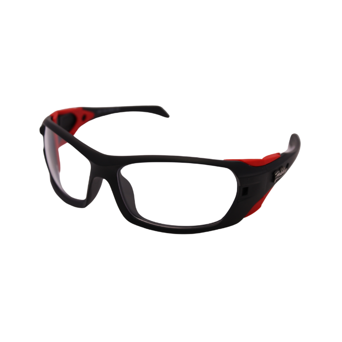 A pair of 'Edge' unisex sunglasses with black frame and red accents, and polarized transparent lenses.
