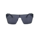 Black sunglasses with a shield design on a white background