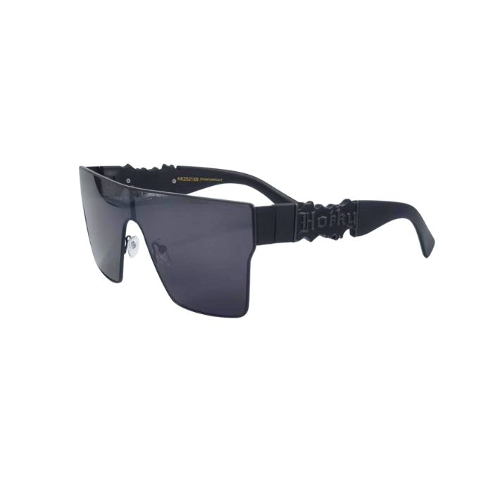 Black sunglasses with a strap on a white background