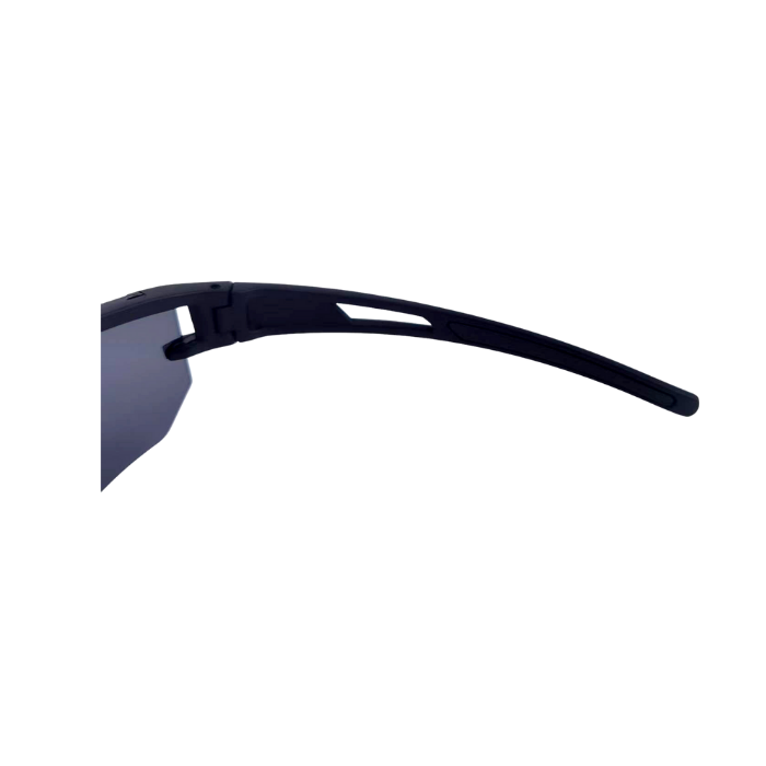 Black sunglasses with a reflective lens on a white background