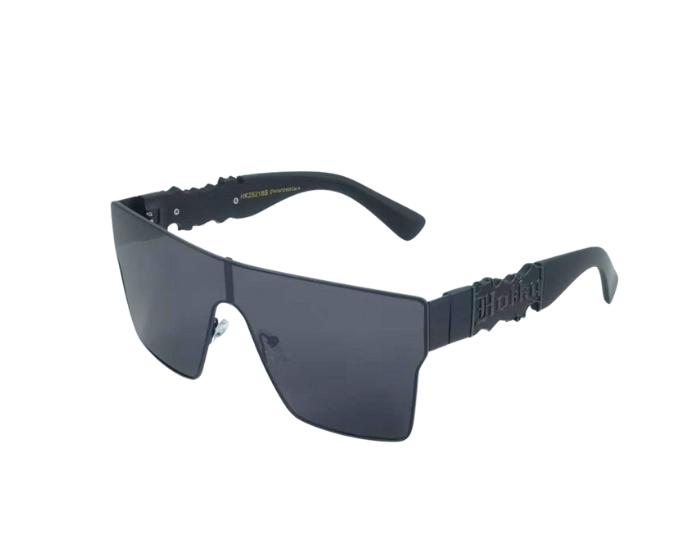 Black sunglasses with a reflective lens on a white background