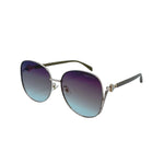 Sunglasses with gradient purple lenses on a white background