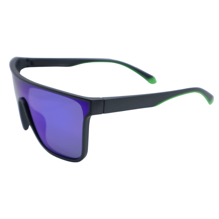 Sunglasses with black frame and purple lenses on a white background
