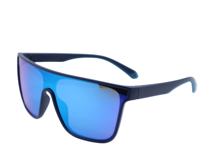 Blue sunglasses with a reflective lens on a white background