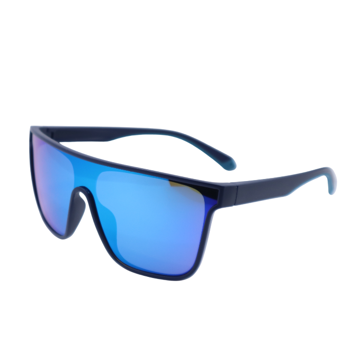 Blue sunglasses with a reflective lens on a white background