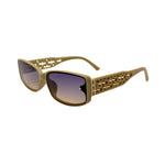 Beige sunglasses with a unique frame design on a white background