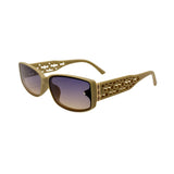 Beige sunglasses with a unique frame design on a white background