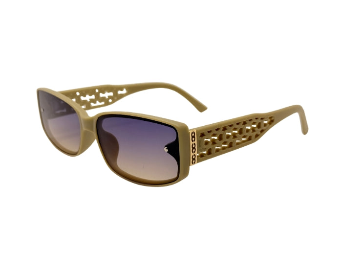 Beige sunglasses with a unique frame design on a white background