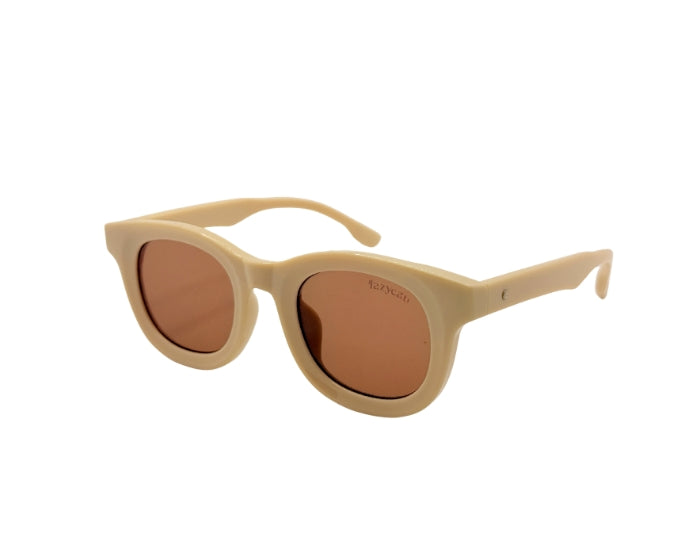 Beige sunglasses with brown lenses on a white background