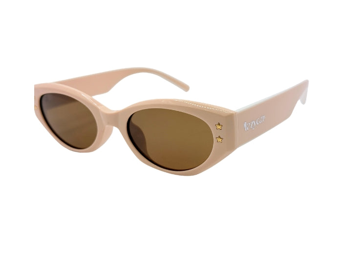 Beige sunglasses with brown lenses on a white background