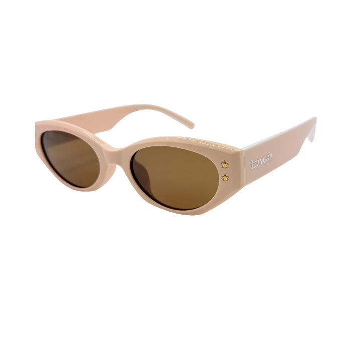 Beige sunglasses with brown lenses on a white background