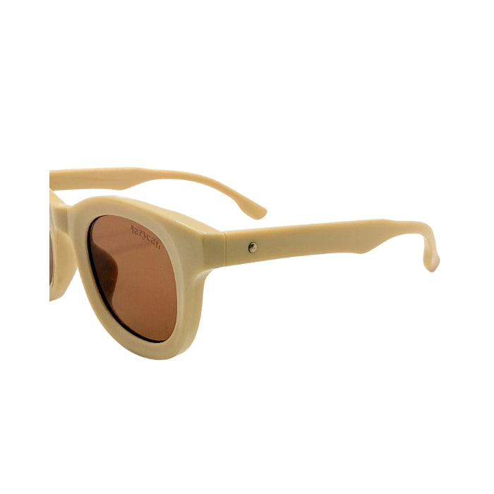 Beige sunglasses with brown lenses on a white background