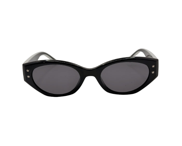 Black cat-eye sunglasses with star-shaped embellishments on a white background