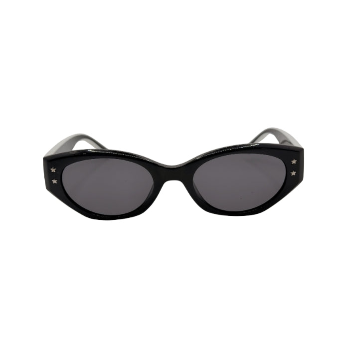 Black cat-eye sunglasses with star-shaped embellishments on a white background