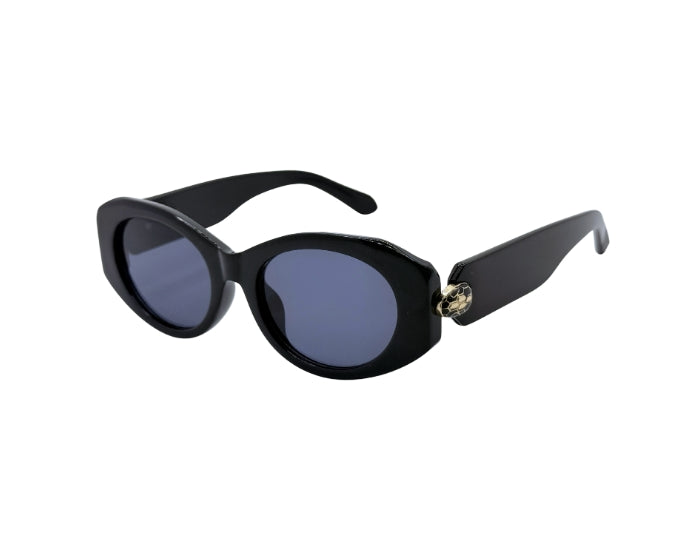 Black sunglasses with a gold accent on a white background