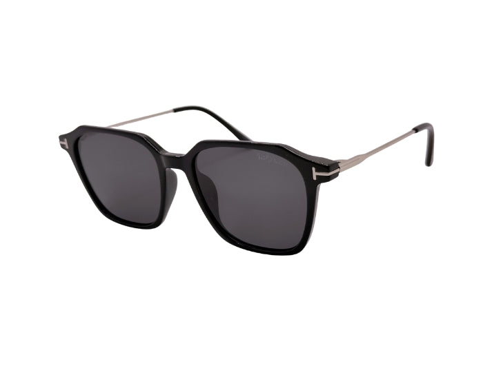 Black sunglasses with dark lenses on a white background