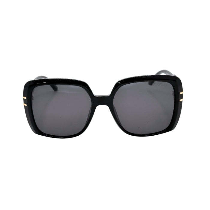 Black sunglasses with gold accents on a white background