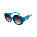 Blue sunglasses with a logo on a white background