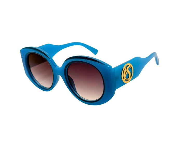 Blue sunglasses with a logo on a white background