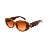Brown sunglasses with a gold accent on a white background