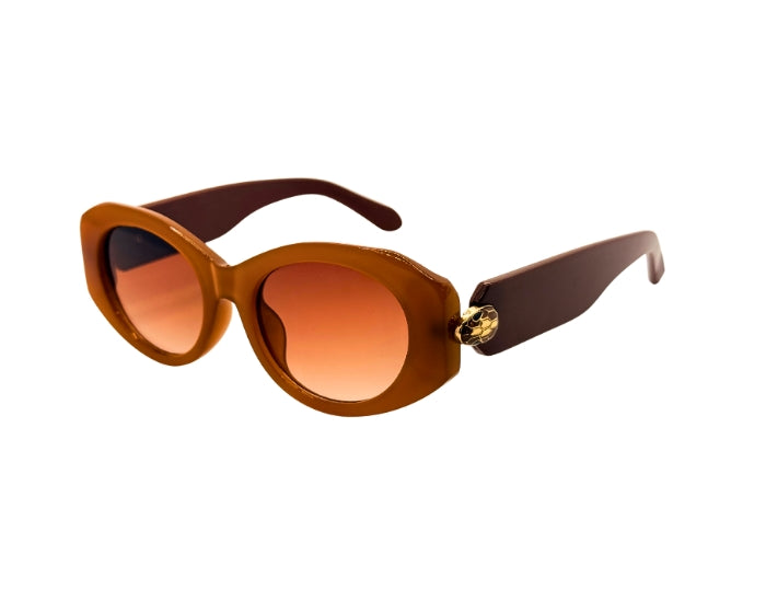 Brown sunglasses with a gold accent on a white background