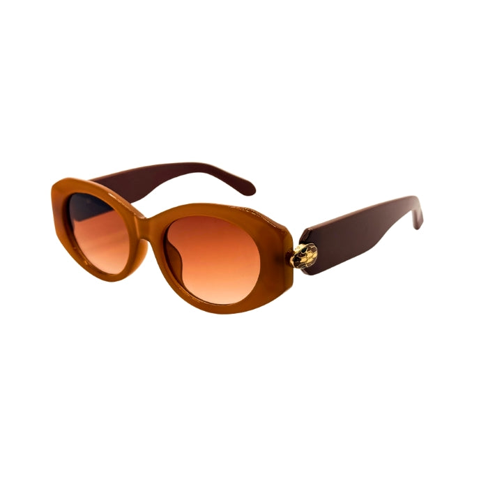 Brown sunglasses with a gold accent on a white background