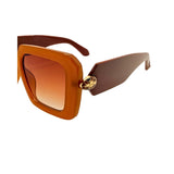 Brown sunglasses with a gold accent on a white background